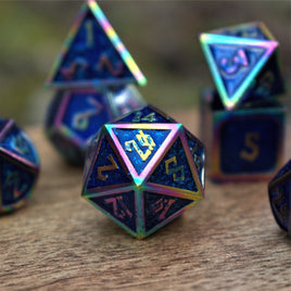 Elder Runes Iridescent And Blue Glitter Metal Dice Set